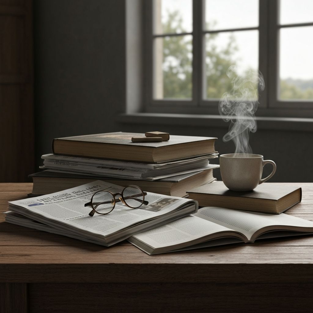 Newspapers and books representing media and information sources